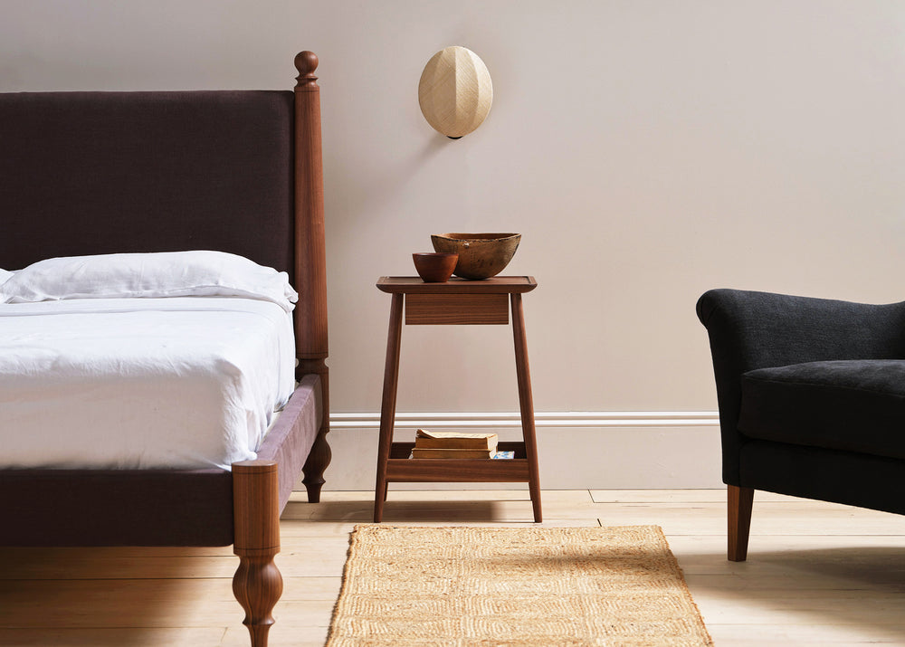 Harlosh beside table in walnut with Moreau armchair and Olivine bed