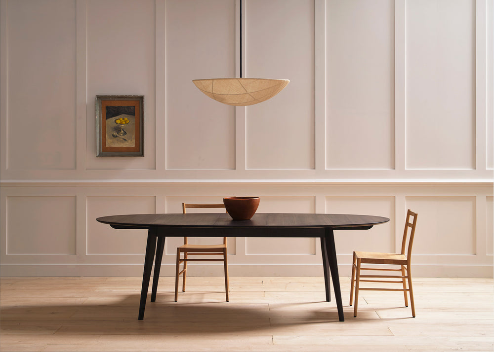 Harper dining table with pium pendant light and Avery dining chairs by PINCH