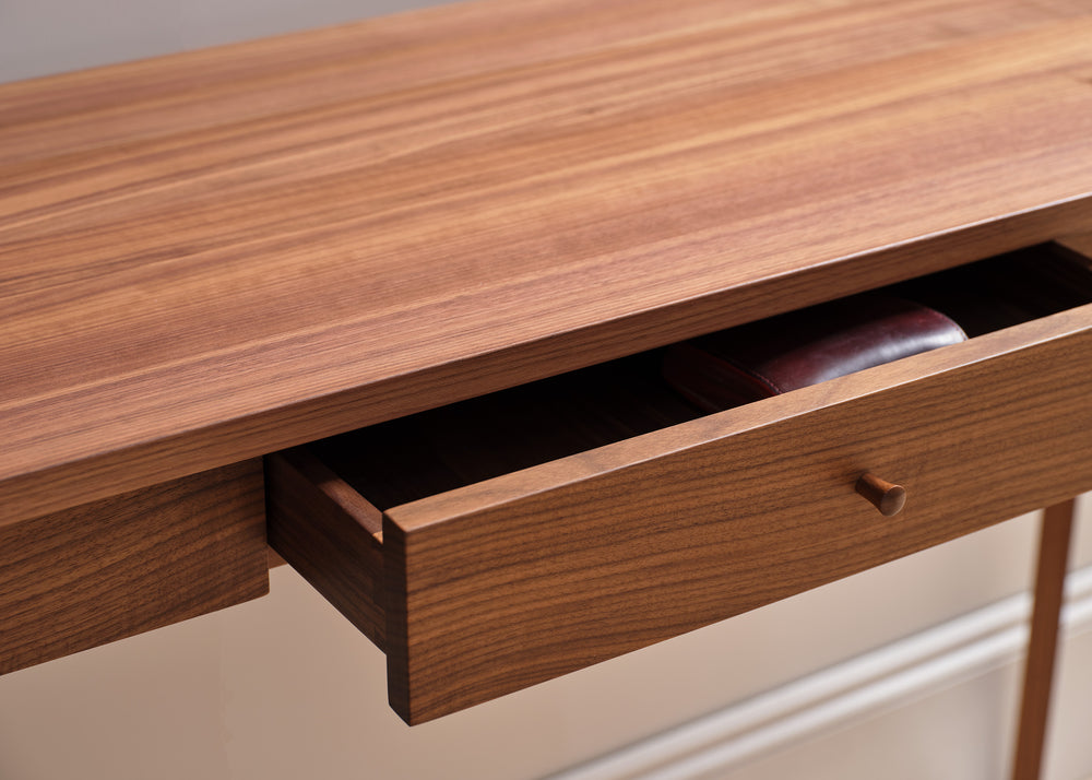 Lyle console table detailing drawer in walnut