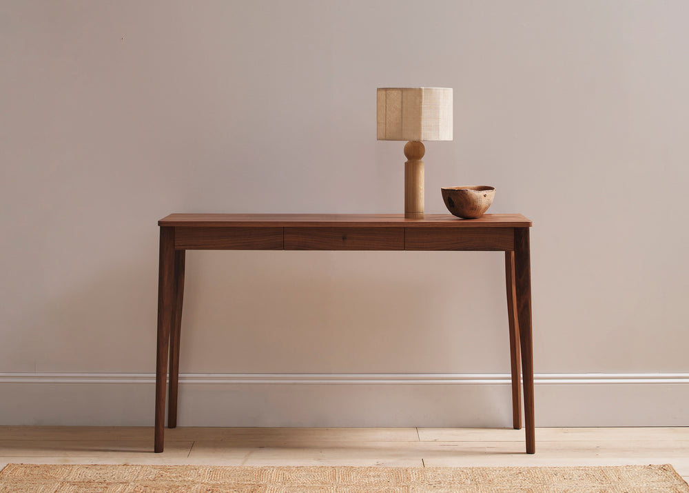 Lyle console table in walnut with Ewer light by PINCH